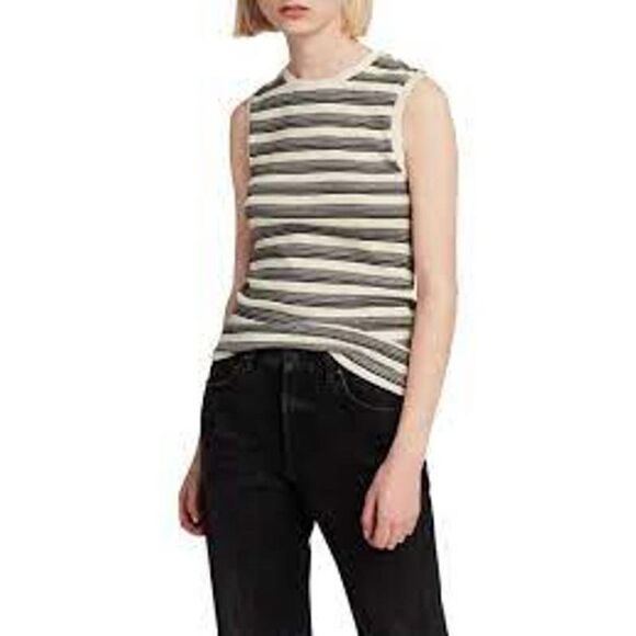 All Saints Black & White Stripe Sleeveless Slim Fit Top Size Small - Picture 1 of 6